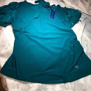 NWT Adrienne Vittadini green blouse w/sheer, dotted puff sleeves and tie neck